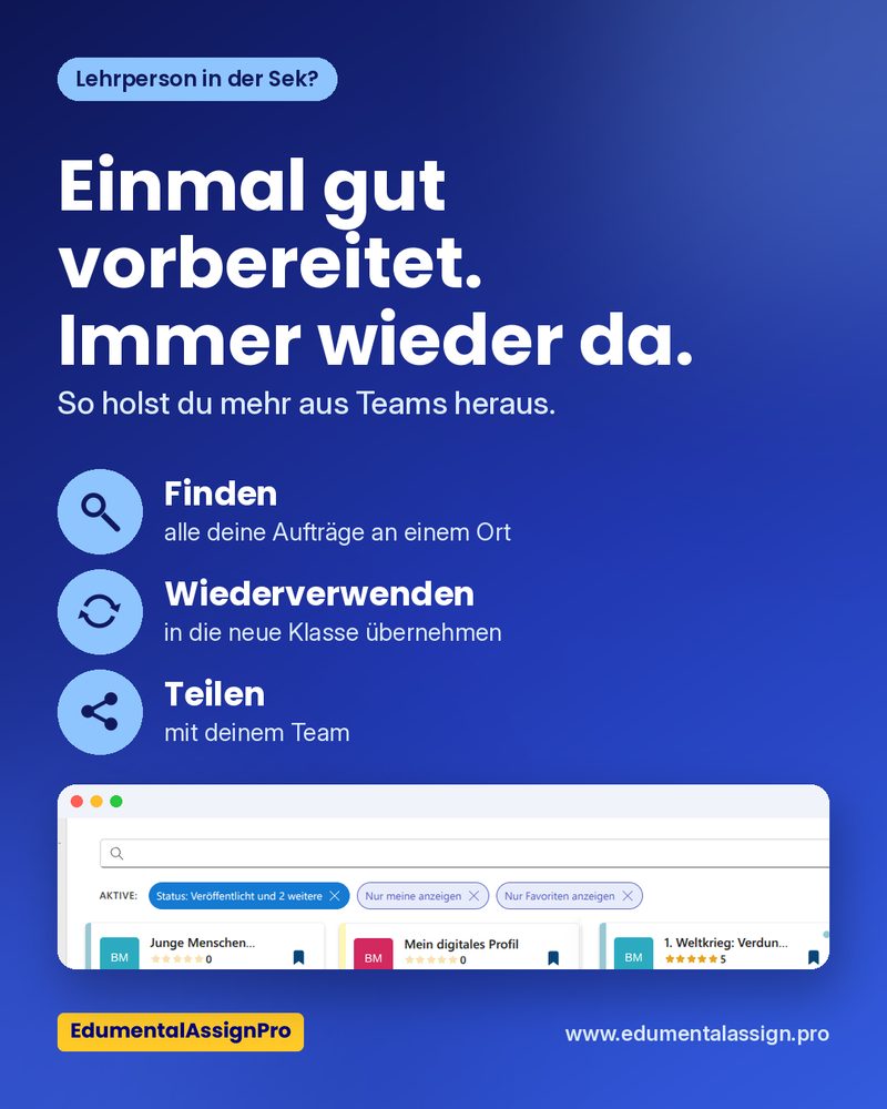 «Einmal gut vorbereitet. Immer wieder da.» Drei Punkte: Finden, alle deine Aufträge an einem Ort. Wiederverwenden, in die neue Klasse übernehmen. Teilen, mit deinem Team. Darunter ein Ausschnitt der Aufgabengalerie in EdumentalAssignPro mit Suchfeld und Filtern.